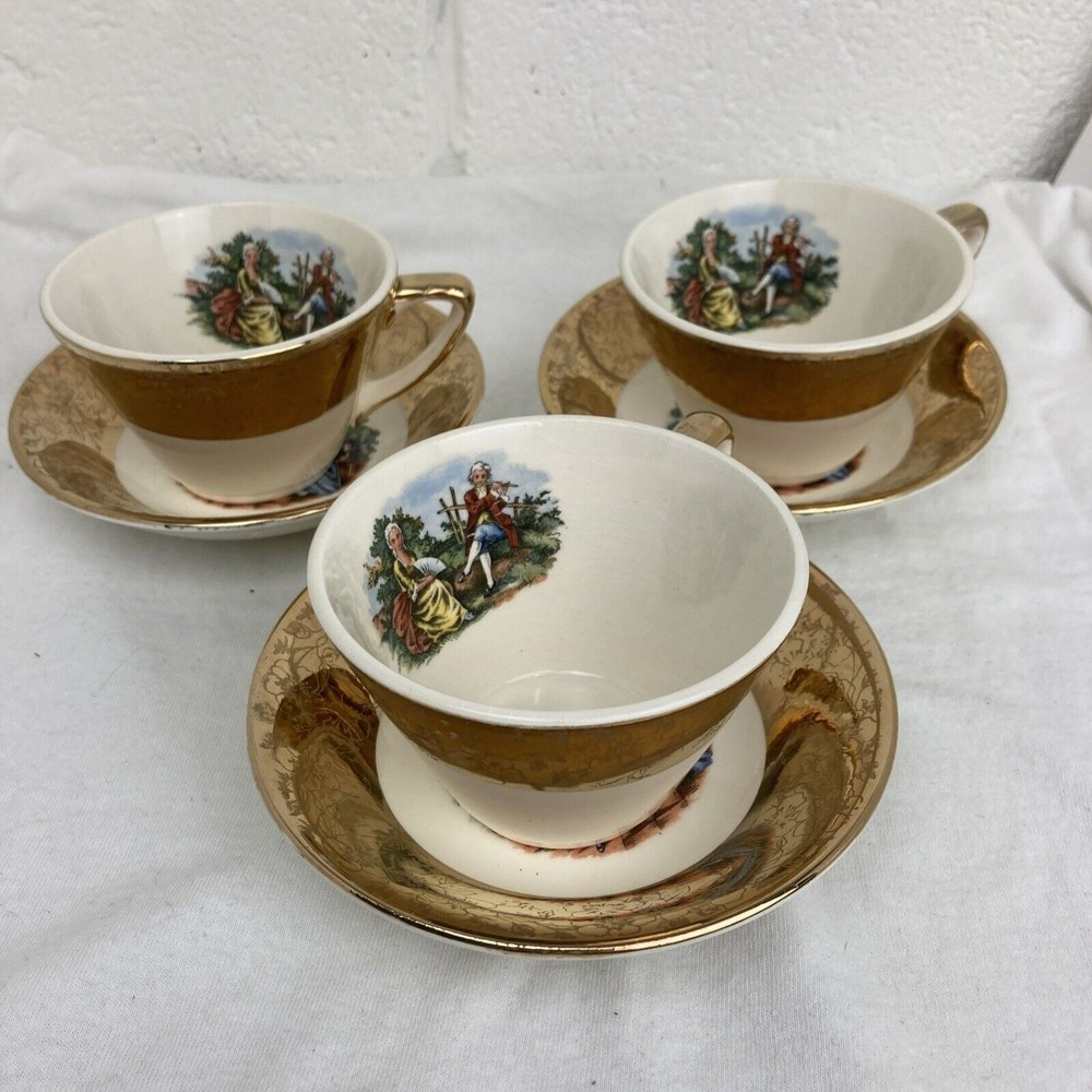 Lot 3 Vintage King Quality Fine Colonial Couple Gold 22k US 1960 Cups And Saucer